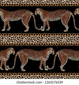 Leopard seamless pattern. Tiger skin print with gold chain. Animal background. Vector illustration