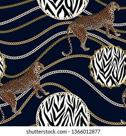 Leopard seamless pattern. Tiger skin print with gold chain. Animal background. Vector illustration