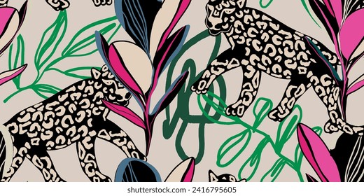 Leopard seamless pattern with tropical leaves background Vector