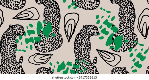 Patrón transparente leopardo con fondo de hojas tropicales Vector