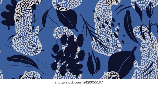 Leopard seamless pattern with tropical leaves background Vector
