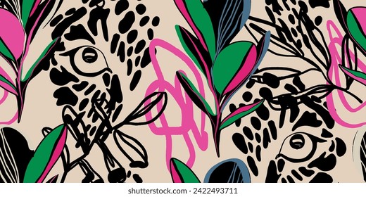 Leopard seamless pattern with tropical leaves background Vector