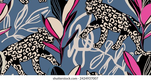 Leopard seamless pattern with tropical leaves background Vector
