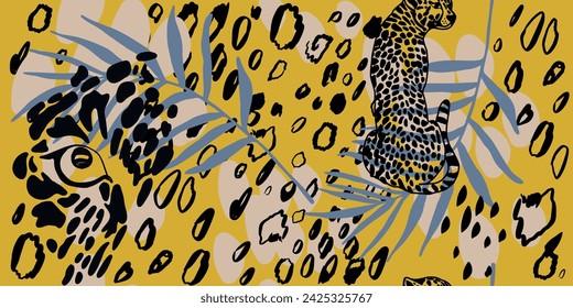 Leopard seamless pattern with tropical leaves background Vector
