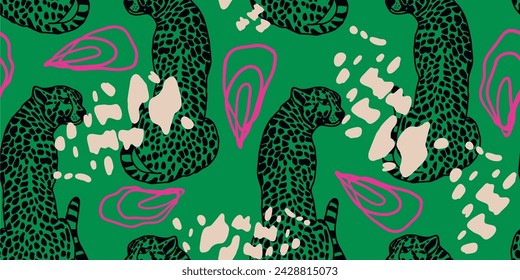 Leopard seamless pattern with tropical leaves background Vector
