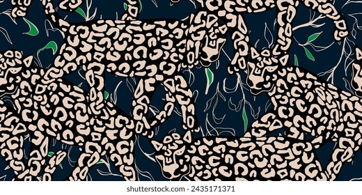 Leopard seamless pattern with tropical leaves background Vector
