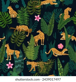 Leopard seamless pattern with tropical leaves