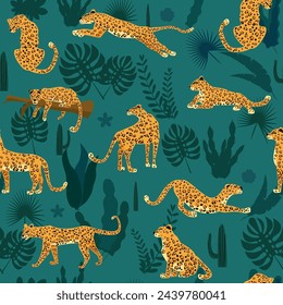 Leopard seamless pattern with tropical leaves