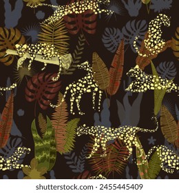 Leopard seamless pattern with tropical leaves