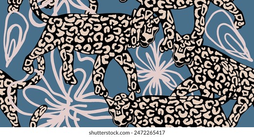Leopard seamless pattern with tropical leaves background Vector
