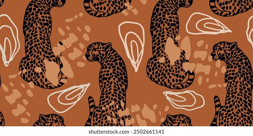 Leopard seamless pattern with tropical leaves background Vector