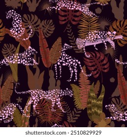 Leopard seamless pattern with tropical leaves