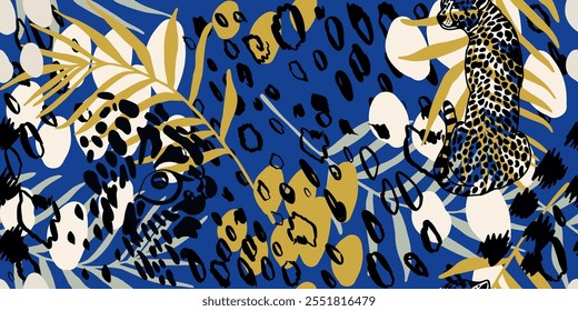 Leopard seamless pattern with tropical leaves background Vector

