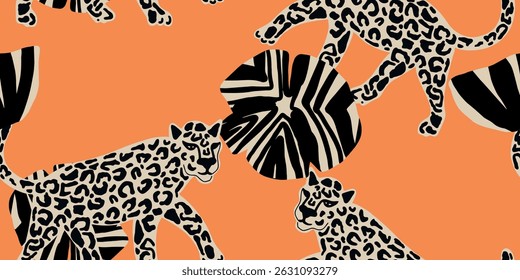 Leopard seamless pattern with tropical leaves background Vector
