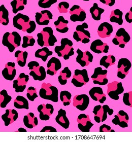 Leopard seamless pattern. Vector animal print. Black and bright pink spots on a pink background. Jaguar, leopard, cheetah, panther fur. Leopard skin imitation can be painted on clothes or fabric.