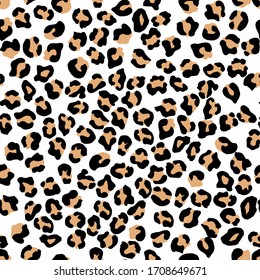 Leopard seamless pattern. Vector animal print. Black and beige spots on a white background. Jaguar, leopard, cheetah, panther fur. Leopard skin imitation can be painted on clothes or fabric.