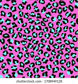 Leopard seamless pattern. Vector animal print. Black and turquoise spots on a pink background. Jaguar, leopard, cheetah, panther fur. Leopard skin imitation can be painted on clothes or fabric.
