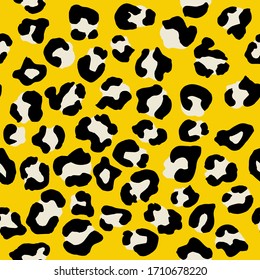 Leopard Seamless Pattern. Vector Animal Print. Black And White Spots On A Bright Yellow Background. Jaguar, Leopard, Cheetah, Panther Fur. Leopard Skin Imitation Can Be Painted On Clothes Or Fabric.