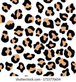 Leopard seamless pattern. Vector animal print. Black and beige spots on a white background. Jaguar, leopard, cheetah, panther fur. Leopard skin imitation can be painted on clothes or fabric.