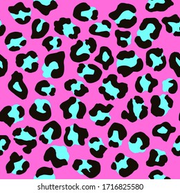 Leopard Seamless Pattern. Vector Animal Print. Black And Turquoise Spots On A Pink Background. Jaguar, Leopard, Cheetah, Panther Fur. Leopard Skin Imitation Can Be Painted On Clothes Or Fabric.