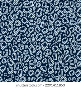 Leopard seamless pattern. Vector animal print. Black and blue striped spots on a pink background. Jaguar, leopard, cheetah, panther fur. Leopard skin imitation can be painted on clothes or fabric.