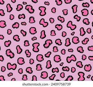 Leopard seamless pattern. Vector animal print. Black and pink spots on a lilac background. Jaguar, leopard, cheetah.Fabric print.