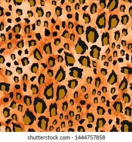 Leopard Seamless pattern. Leopard  vector print. Animal skin texture. Black and yellow spots on a orange watercolor background. Abstract repeating pattern - imitation of leopard skin 