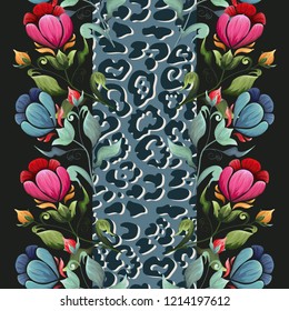 Leopard seamless print with flowers. Vector illustration.