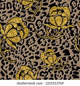 Leopard seamless print with flowers. Vector illustration.