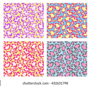 Leopard. Set of four bright seamless patterns with cheetah skin. Animal vector illustration. Jaguar print for wallpaper, clothes wrapping, fabric, paper, cover, textile, design, background.