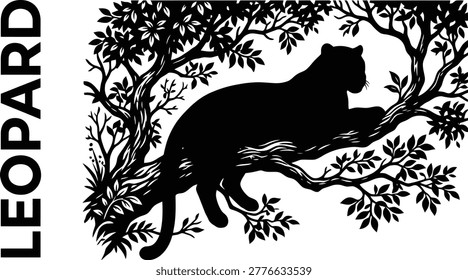 Leopard silhouette resting on a tree branch detailed vector illustration for wildlife themes logos and nature inspired design projects on