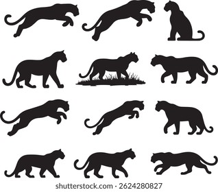 Leopard Silhouette Vector Set Featuring Wild Cat Poses and Movements