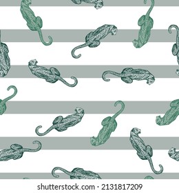 Leopard sit back seamless pattern. Vintage wildlife animals background. Repeated texture in hand drawn style for fabric, wrapping paper, wallpaper, tissue. Vector illustration.