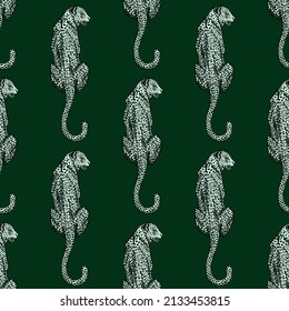 Leopard sit back seamless pattern. Vintage wildlife animals background. Repeated texture in hand drawn style for fabric, wrapping paper, wallpaper, tissue. Vector illustration.