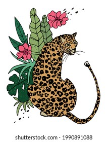 Leopard sits on a background of tropical plants. Jungle animal. Hand-drawn. Cartoon style. Fashionable vector illustration for prints, designs, cards. On white background.