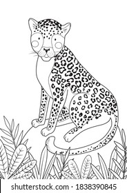 Leopard sits on a stone in the jungle. Coloring page for coloring book. Cartoon vector illustration.