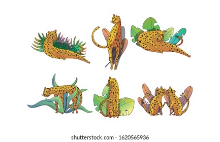 Leopard Sitting and Lying on Palm Leaves Vector Set. Stylized Funny African Animal