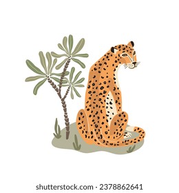 Leopard sitting on a background of nature and palm trees, vector illustration in flat style.