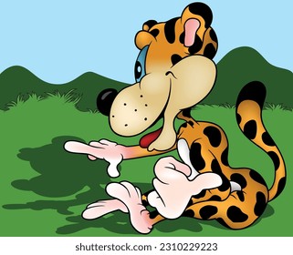 Leopard Sitting on the Ground Pointing with a Finger on its Paw - Colored Cartoon Illustration with Background, Vector