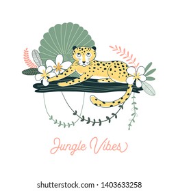 Leopard sitting on tree branch exotic tropical poster illustration with quote Jungle Vibes. Rainforest wildlife nature inspired print design.