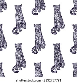 Leopard sitting seamless pattern. Vintage wildlife animals background. Repeated texture in hand drawn style for fabric, wrapping paper, wallpaper, tissue. Vector illustration.