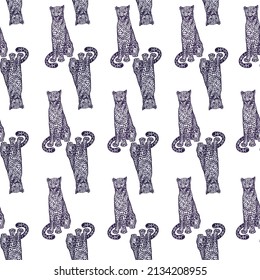 Leopard sitting seamless pattern. Vintage wildlife animals background. Repeated texture in hand drawn style for fabric, wrapping paper, wallpaper, tissue. Vector illustration.