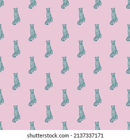 Leopard sitting seamless pattern. Vintage wildlife animals background. Repeated texture in hand drawn style for fabric, wrapping paper, wallpaper, tissue. Vector illustration.