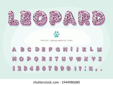 Leopard skin 3D cartoon font. Pink Jaguar, cheetah fur print bright alphabet. Decorative animal letters and numbers. Vector illustration