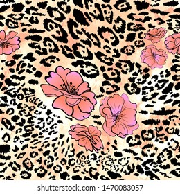 Leopard skin animals and flowers. Seamless pattern. Endless hand drawn vector background.