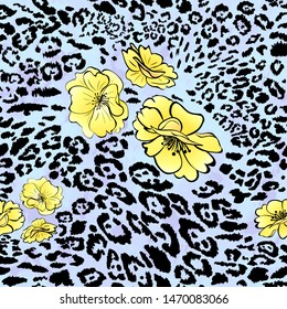 Leopard skin animals and flowers. Seamless pattern. Endless hand drawn vector background. Fashionable pattern for printing on fabric.