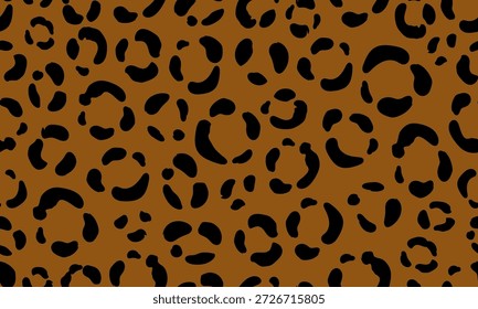 Leopard skin black spots seamless pattern on brown background. Wild cat fur texture background. Animal skin surface concept for design and print.
