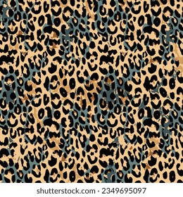 Leopard skin and blue spots combination in black and brown. Vector textured pattern. Can be used for fashion graphics such as T-shirt placement print, backgrounds, banners, cards and decoration