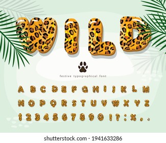 Leopard skin cartoon font. Jaguar, cheetah fur print bright alphabet. Funny animal letters and numbers. Vector illustration