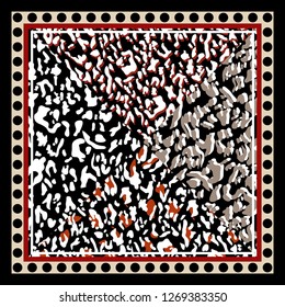 Leopard skin fashionable pattern. Trendy print with brown, red, orange, black and white. Modern wild animal vector illustration. Polka dots, floral elements. For fashion, fabric, shawl, scarf, design